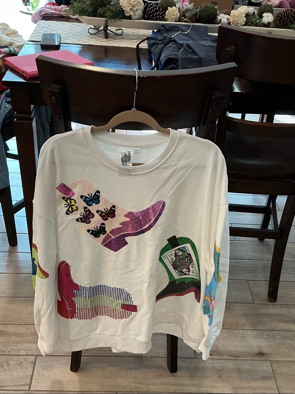 White Kids Long-Sleeve Top with Colorful Shoe & Butterfly Graphics